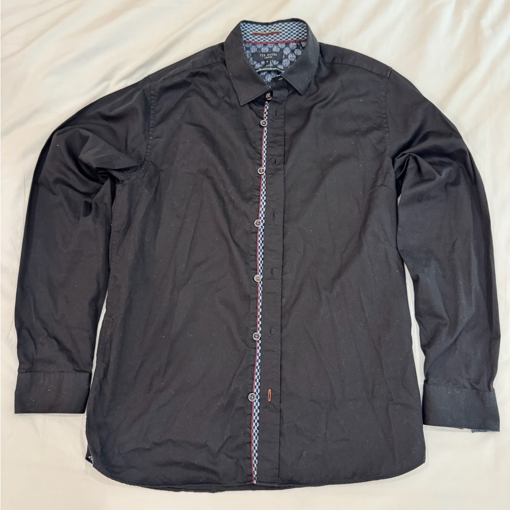 Ted Baker Black Button Down Shirt Jacket with Patterned Trim